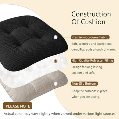 ELFJOY Dining Chair Cushions Set of 2 Non Slip 18"X18"X3" Black | Thick,Textured Fabric, with Ties, Tufted, Large, for Kitchen, Dining Room, Indoor, Bedroom, Living Room, Office, Comfortable - color: Black