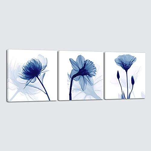 Wieco Art Blue Abstract Flowers 3 Panels Canvas Prints Wall Art Modern Pictures Artwork for Living Room Bedroom and Home Decorations - size: 20x20inchx3pcs (Unframed)
