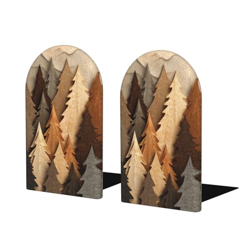 Simple Pine Trees and Mountain Shapes Bookends for Shelves 2 Pcs Wooden Book Stopper Organizer for Home Office Libraries