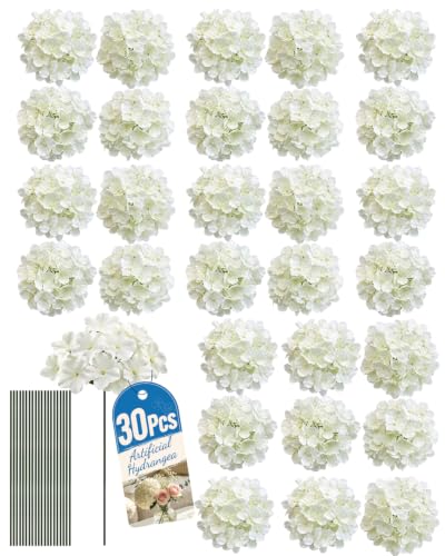 30 Pcs White Hydrangea Artificial Flowers, Silk Hydrangea Flowers | Long Stems fake white flowers ideal for wedding aisle decor, floral centerpieces, garden arrangements, everyday home
