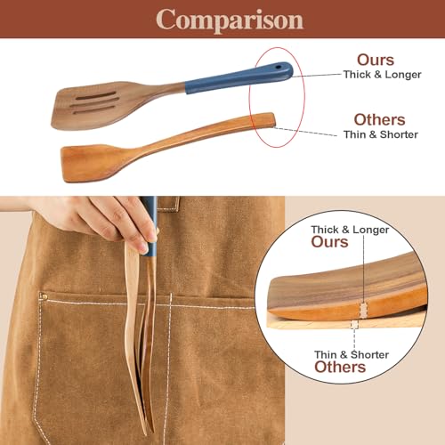 Wooden Spoons For Cooking, 6 PCS Natural Acacia Wooden Cooking Utensils, Non-Stick Wood Kitchen Utensil Set for Kitchen Essentials, Smooth Grip Wood Cooking Spoons with Hanging Hole, Blue - color: Blue