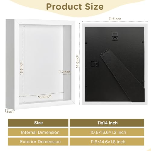 2 Pack Shadow Box Frame 11"x 14" - Wood Deep Shadowbox with Glass Shadow Boxes Display Cases Suitable for Photos, Dried Flowers, Handicrafts Picture Frames for Wall Hanging Tabletop (White) - size: 11×14-2pcs-white