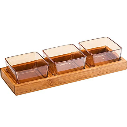 3 Compartment Glass Fruit Bowl with Wooden Tray Creative Snack Serving Tray Divided Serving Platter Reusable Ice Cream Cups Removable Salad Bowls for Snack Candy Nuts Desserts Amber - color: Amber, size: 3 Compartment