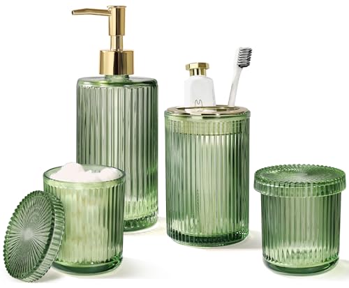 Green Glass Bathroom Accessories 4 Pcs, Green Bathroom Set, Soap Dispenser and Toothbrush Holder Set, Qtip Holder Set, Vintage Bathroom Sink Set, Cute Bathroom Decor - color: Green, size: 4 Pcs Bathroom Set