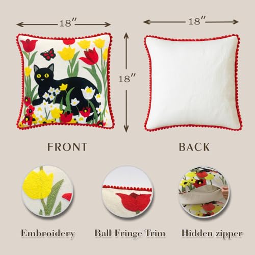Embroidered Decorative Throw Pillow Covers 18"x 18" Set of 2 ，Couch Square Pillowcases with Zipper for Living Room Couch Sofa Bed Flower Cats Linen Cotton Halloween Throw Pillow Covers