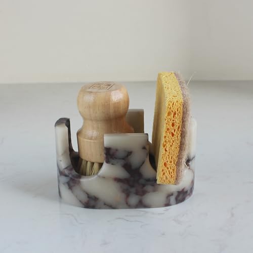Natural Travertine Marble 2-Slot Sponge Holder for Kitchen Counter, 2-in-1 Stone Drying Rack, Sponge Caddy for Sink Organizer - Calacatta Viola Marble - color: Calacatta Viola Marble