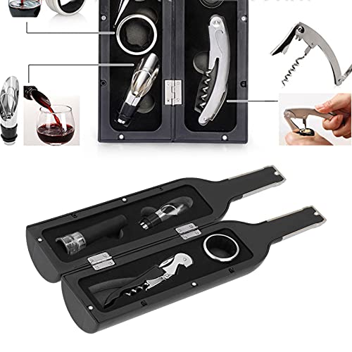 Black Wine Corkscrew Set, Wireless Bottle Opener Kit with Wine Stopper Pourer and Ring, Ergonomic Double - Hinge Cork Extractor in Bottle - Shaped Gift Box for Home Bar