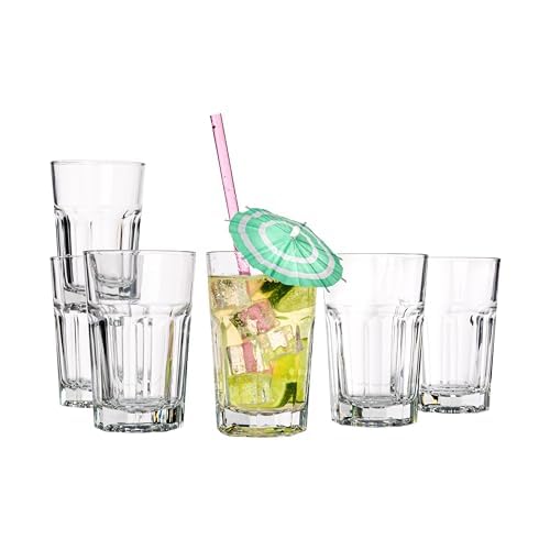 Vikko Drinking Glasses, 9 Ounce Glass Cups, Durable Glasses Drinking Set of 6, Stackable Water Glasses, Highball Glasses, Heavy Base Tumblers & Water Glasses, Dishwasher Safe Cups for Kitchen - style: 9 Ounce- Set of 6