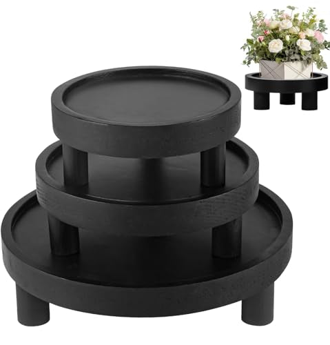 3 Pcs Wooden Risers for Display, Round Wood Riser Plant Stand 5/6/8" Pedestal Stand, Flower Pot Holder Small Planter Tray for Kitchen Home Décor (Black) - color: Black
