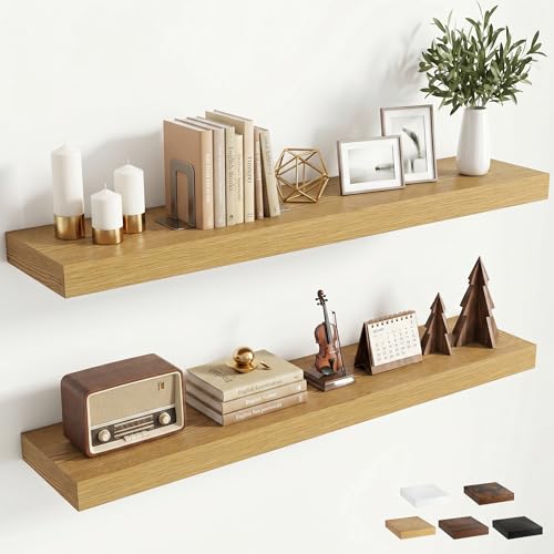 40 inchs Floating Shelves for Wall Mounted Set of 2,Rustic Wood Floating Shelf with Invisible Brackets for Small Bathroom,Bedroom,Living Room,Modern Home Decor -Oak Color - color: Oak, size: 40''W x 7.9''D x 1.5''H,Set of 2-MDF