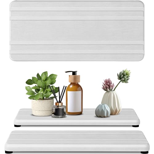 2PCS Water Absorbing Stone Tray,Quick Drying Stone Sink Tray,Water Absorbent Diatomite Coasters for Bathroom Counter and Kitchen Sink, Used for Hand Soap Dish Cosmetic Bottles Toothbrush Holders - color: 2pcs 21×10cm White Stripe