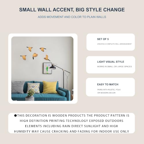Vumyhuby 5-Piece Yellow Wooden Bird Wall Art, Rustic Folk Flying Bird Decor - color: Yellow