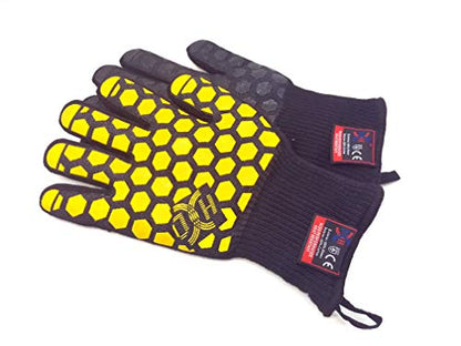 J H Heat Resistant Oven Glove:EN407 Certified 932 °F, 2 Layers Silicone Coating, Oven Mitts for Cooking, Kitchen, Fireplace,Camping, Grilling (Black/Yellow, Regular Cuff) - color: Black/Yellow, size: Regular Cuff