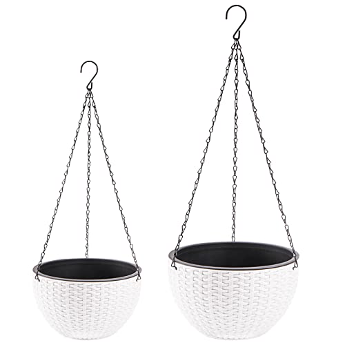 Foraineam 2-Pack Dual-pots Design Hanging Basket Planters Self-Watering Indoor Outdoor Plant & Flower Hanging Pots with Drainer and Chain, 2 Size Assorted (White)