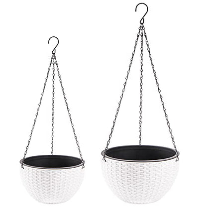 Foraineam 2-Pack Dual-pots Design Hanging Basket Planters Self-Watering Indoor Outdoor Plant & Flower Hanging Pots with Drainer and Chain, 2 Size Assorted (White)