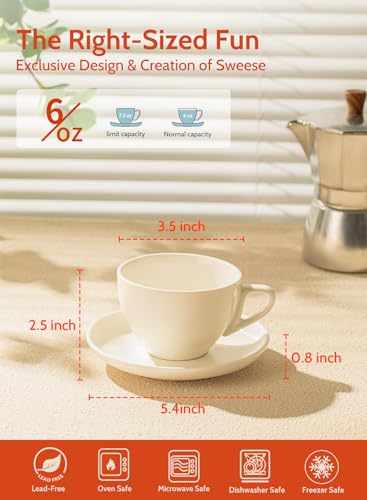 Sweese 6 Ounce Cappuccino Cups with Saucers, Porcelain Double Espresso Cups Set of 6 - White - color: White, size: 6OZ