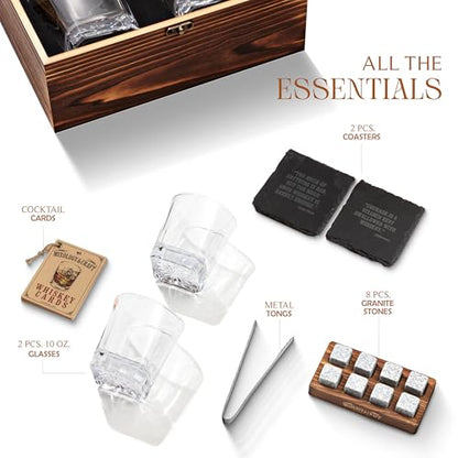 Mixology & Craft Whiskey Stones Gift Set – Includes Two 10oz Crystal Whiskey Glasses, 8 Granite Chilling Rocks, Slate Coasters, Metal Tongs, Cocktail Recipe Cards, Elegant Wooden Storage Box - size: Dark Latch Crate