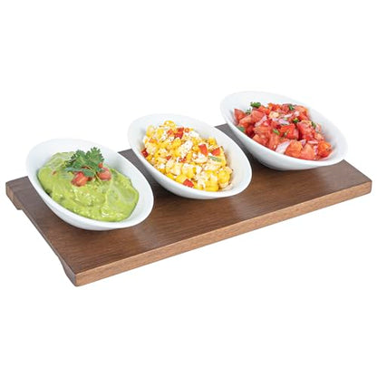 Restaurantware-9 Ounce Bowl Set with Tray - 1 Dishwashable Serving Set, Includes 3 Porcelain Bowls And 1 Bamboo Tray, Durable, White Porcelain And Bamboo Bowl And Platter Kit, Reusable, Freezable - size: Triple set, style: Ellipse