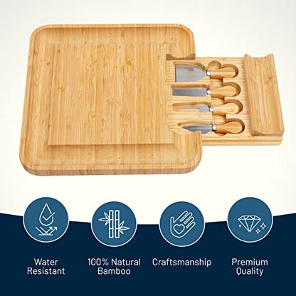 Bamboo Cheese Board and Knife Set with Slide-Out Cutlery Drawer | Charcuterie Boards Set & Cheese Platter - Birthday Gifts for Women, Wedding Gifts for Couples , Bridal Shower Gifts - style: Cheese Board Set2