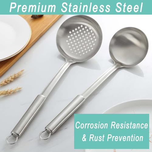 Pleafind 2-Pcs Ladle and Slotted Spoon, Soup Ladle and Strainer Spoons, Stainless Steel Cooking Spoon and Skimmer Spoons, Kitchen Utensils, Wok Utensils for Home and Restaurant, Dishwasher Safe - color: 2P-Grey