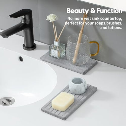 2PCS Instant Dry Diatomite Stone Counter Makeup Tray Organizer, Fast Drying Caddy Kitchen Sponge Holder Mat, Bathroom Vanity Toothbrush Bottle Dispenser Soap Dish Rack, Light Gray, 8"x 3.8" - color: 2pcs - 8"x 3.8" - Light Gray