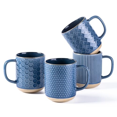 GBhome Coffee Mugs Set of 4, 16 oz Blue Coffee Cups with Large Handle | 4 Assorted Designs, Embossed Ceramic Coffee Mugs for Coffee/Tea/Cappuccino, Dishwasher&Microwave Safe - color: Moonlight Blue, size: Set of 4