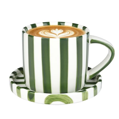 Ceramic Coffee Mug,9oz Hand-Painted Green Espresso Cup & Saucer | Vertical Striped Art Small Cute Aesthetic Cup with Handle,Porcelain Stylish Mug Set Suit for Tea Matcha Latter,Multiple Use