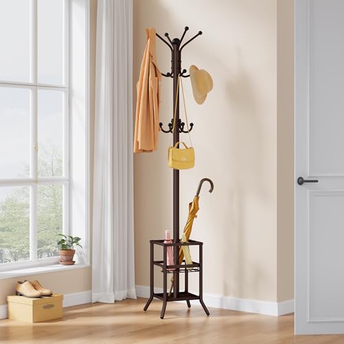 FAVOOSTY Coat Rack Freestanding,Coat Rack Stand with Umbrella Holder,Metal Coat Tree with 12 Hooks,Tree Clothes Hat for Entryway, Hallway, Bedroom, Living Room & Office -Brown - color: Brown
