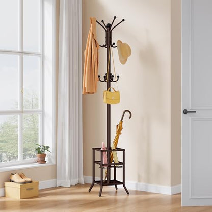 FAVOOSTY Coat Rack Freestanding,Coat Rack Stand with Umbrella Holder,Metal Coat Tree with 12 Hooks,Tree Clothes Hat for Entryway, Hallway, Bedroom, Living Room & Office -Brown - color: Brown