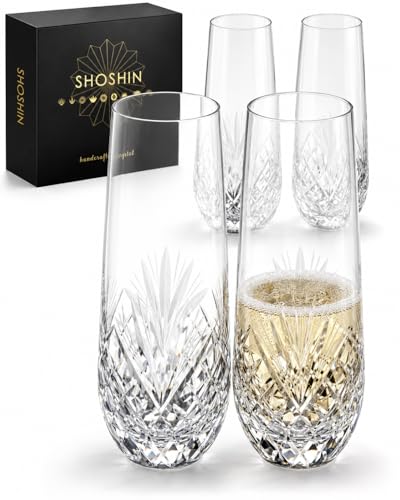 SHOSHIN Hand-Cut Crystal Stemless Champagne Flutes Set of 4, Handmade Mimosa & Sparkling Wine Glasses, 9.5 oz Toasting Glasses with Artisan Agave Pattern, Gift Box Included - color: Agave