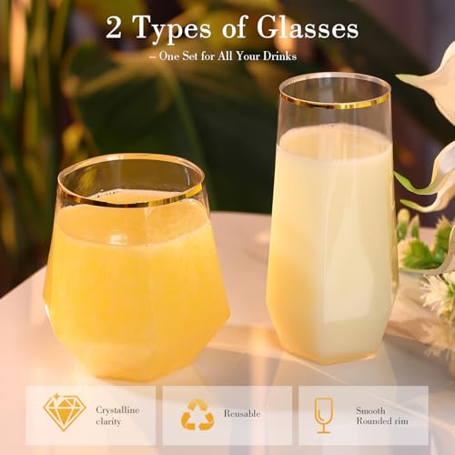 48 Pack Plastic Glasses – 24 x 9oz Stemless Champagne Flutes & 24 x 12oz Stemless Wine Glasses – Elegant Disposable Shatterproof Cup – BPA-Free Drinkware for Weddings, Parties (Gold Rim Diamond) - color: Gold Rim Diamond