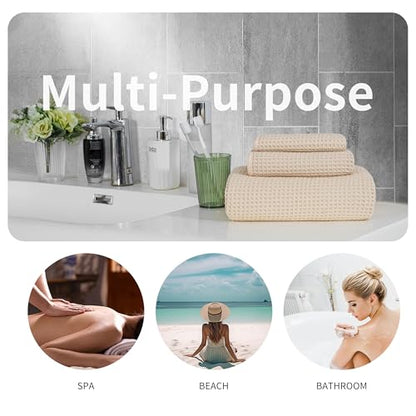 MICROFI New Microfiber Waffle Bath Towels, 3 Pieces, Oversized, Soft, Absorbent, Fast Drying, Lint Free, Includes Bath, Face and Hand Towels 430 GSM - color: Champagne