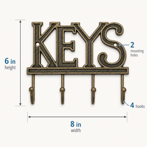 Comfify Gold-Black Cast Iron Key Holder for Wall – Keys Sign with 4 Hooks | Warm gold with black antique finish; mounting hardware included; entryway, hallway or door; 6"H x 8"L; holds 8 keychains - color: Gold with Black