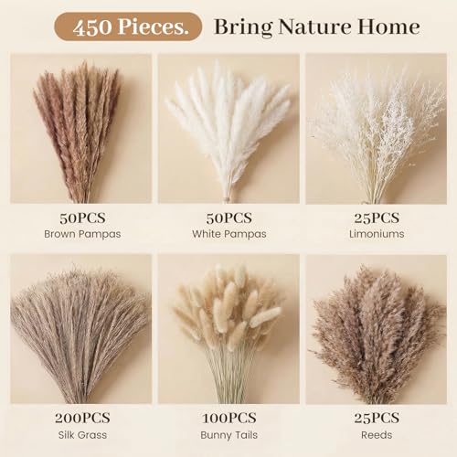 450PCS Natural Dried Pampas Grass Decor | Boho Farmhouse Wedding Centerpieces, Home Vase Fillers, Bunny Tails, Dried Flower Arrangement