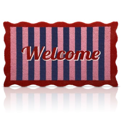 Door Mat Welcome Outdoor Mat Scalloped Welcome Mats for Front Door Artificial Coir Doormat Outdoor Outside Indoor Entrance 16 x 28 Inch Non-Slip Backing Washable Fall Mats for Home Porch