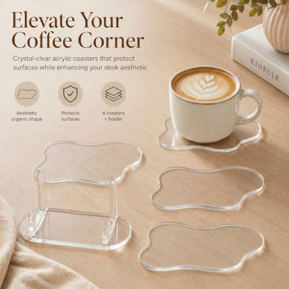 Cinnvoice 4 Pcs Acrylic Coasters Decorative Plates Clear Cloud Shape Coffee Cup Coaster with 1 Pcs Holder Decorative Plates Clear Coaster for Home Office Desk, Accessory for Desktop Protection