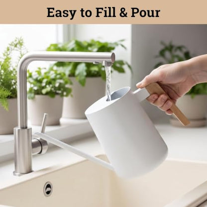Metal Small Indoor Watering Can with Long Spout & Real Wood Handle, 35oz | Long Spout, Stainless Steel, Real Wood Handle, Gentle Flow, No Spills, Suitable for House Plants, Succulents & Seedlings - color: White