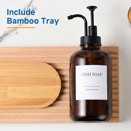 Glass Soap Dispenser with Upgrade Pump, Hand and Dish Soap Dispenser for Bathroom Kitchen, Soap Dispenser Set with 9 Stickers Funnel Bamboo Tray 500ml 18oz Amber - color: Amber