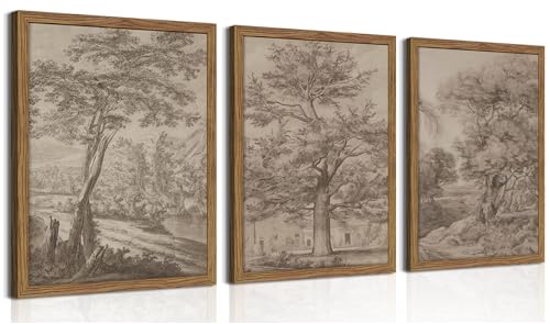 Vintage Landscape Framed Wall Art Set of 3, Neutral Nature Wabi Sabi Canvas Wall Decor Painting, Rustic Retro Botanical Tree Artwork Prints Pictures for Farmhouse Living Room Bedroom 12x16 Inch - color: Grey Tree, size: 16L" x 12W"