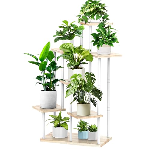 7 Tier Plant Stand Indoor, Thickened Metal Wood Corner Plant Shelf Stands for Multiple Plants, Indoor Tall Plants Stand Tiered Flower Holder for Living Room Patio Garden Balcony(White+Oak) - color: White+Oak, size: 7 Tier