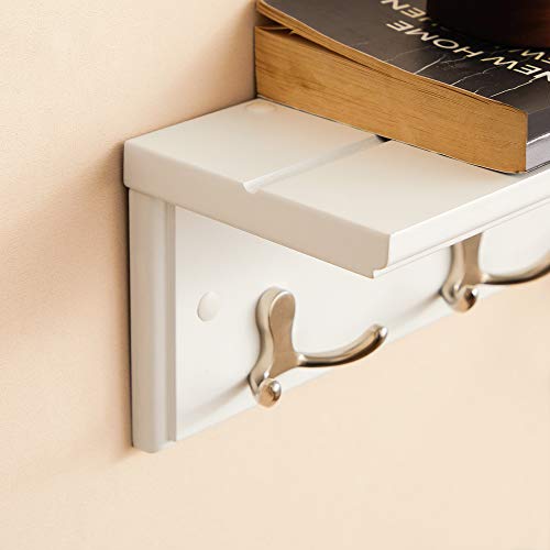 SONGMICS Entryway Hanging Coat Rack, Wall-Mounted Wooden Shelf, with 4 Double Hooks, Wall Floating Shelf, White ULHR42WT - color: White, size: 1 Pack-4 Hooks, style: With Shelf