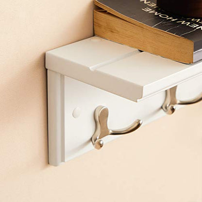 SONGMICS Entryway Hanging Coat Rack, Wall-Mounted Wooden Shelf, with 4 Double Hooks, Wall Floating Shelf, White ULHR42WT - color: White, size: 1 Pack-4 Hooks, style: With Shelf