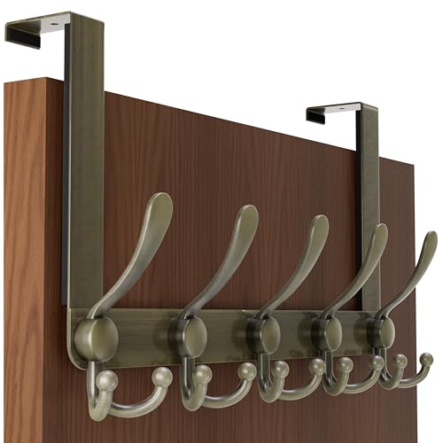 SKOLOO Over The Door Hook - for Doors up to 1-3/4'' Thickness, Metal Door Hanger with 5 Triple Hooks, Bronze Over The Door Hanger for Coats, Hats, Towels, Assembly Required - color: Bronze, size: 1 Pack
