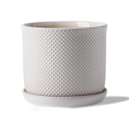 8 Inch Plant Pot: Ceramic Planter with Drainage Hole & Saucer Indoor Outdoor Plants - Flowerpot with Bonded Tray for Home Office - Beaded Embossed Style, Cream White | Indoor/Outdoor Plant Pot with Tray - Flowerpot for Home/Office - Beaded Embosse, Cream