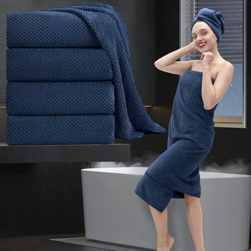 Bath Towel Set 4 Piece Oversized Bath Sheet 35"x70”Extra Large Bath Towel Soft Fluffy Microfibers Towel Set for Bathroom Hotel Highly Absorbent Quick Dry Bathroom Towel,600GSM Luxury Shower Towel Navy - color: Texture Navy Blue, size: 4 Piece Bath Towel S