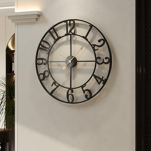 Cuspin Large Wall Clock, 24 Inch Black Clocks for Living Room, Modern Metal Round Battery-Operated Decorative Wall Clock, Arabic Numerals Silent Non Ticking for Kitchen Mantel Bedroom Office Decor - color: Black Arabic Number, size: 24 Inch