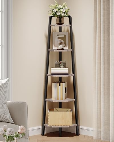 Corner Shelf, 5-Tier Ladder Corner Shelf, Ladder Bookshelf, 59.6" Tall Vertical Display Stand, Metal Frame Bookshelf, for Living Room, Bedroom, Kitchen, Greige and Black TCJ20BG - color: Greige and Black