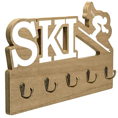 EXCELLO GLOBAL PRODUCTS Rustic Ski Wall Mounted Hanging Entryway Organizer with 4 Hooks. 17" x 10" Use as hat Organizer, Key Holder, Glove Holder. Perfect for Entryway, Kitchen, Bathroom, Hallway - style: SKI