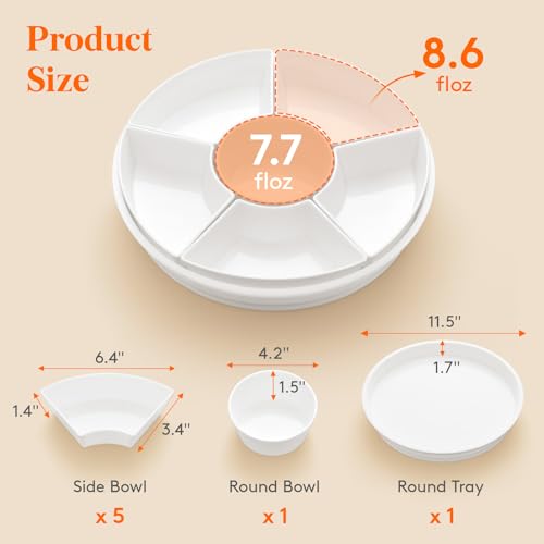 Lifewit Rotating Chips and Dip Serving Dish, Plastic Divided Serving Tray | 5 Section Veggie Tray for Party, Food Serving Platter for Entertaining, Lazy Susan Organizer for Fruit, Snack, Taco, Cheese