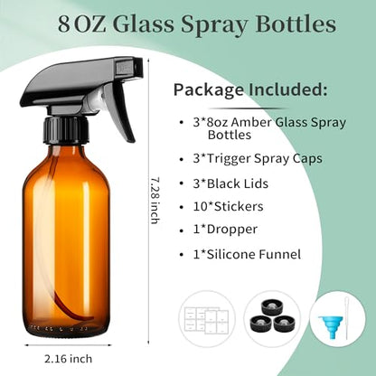 GIVAMEIHF 8oz Amber Glass Spray Bottles,3 Pack Glass Spray Bottles Refillable Empty Bottle with Adjustable Nozzle,Spray Bottle for Essential Oils,Cleaning Solutions,Pets,Hair Mister,Gardening - color: Amber-3 Pack